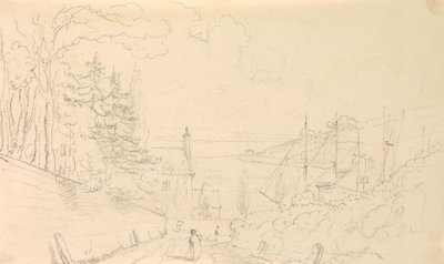 Skizze einer Straße, die zum Ufer mit angedockten Schiffen hinabführt von Capt. Thomas Hastings