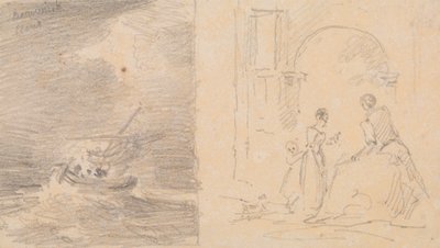 Skizze eines Schiffes im Sturm und Skizze einer Familiengruppe bei einem Bogen von Capt. Thomas Hastings