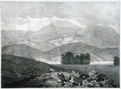 Ansicht eines Teils des Sees und der Cottages in Ottacamund, Neelgherry Mountains, Tafel 3 aus View of the Neilgherries, or Blue Mountains of Coimbetoor, Southern India von Captain McCurdy, veröffentlicht 1830 von Captain E. A. after McCurdy
