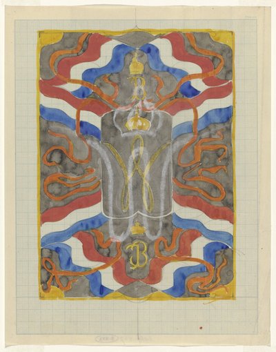 Entwurf mit Flaggen, Bannern und einer gekrönten W und B von Carel Adolph Lion Cachet