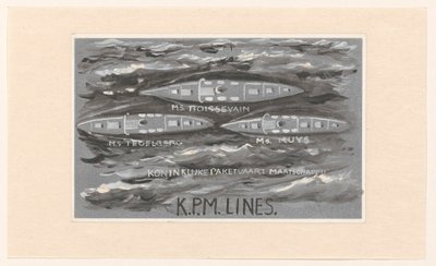 Entwurf für Vignette der Koninklijke Paketvaart Maatschappij, K.P.M. Lines von Carel Adolph Lion Cachet