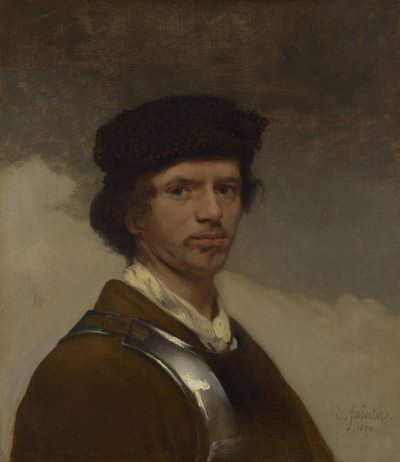 Ein junger Mann mit Pelzmütze und Kürass (wahrscheinlich ein Selbstporträt) von Carel Fabritius