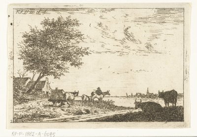 Flusslandschaft mit Bauer und Kühen bei Bauernhof von Carel Frederik Bendorp (I)