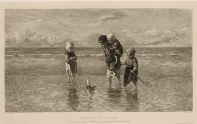 Vier Kinder spielen mit einem Spielzeugboot am Strand im flachen Meerwasser (Serie: Kinder der See, Enfants de la mer) von Carel Lodewijk Dake