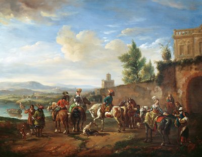Eine Jagdgesellschaft bei einem Landhaus von Carel van Falens or Valens