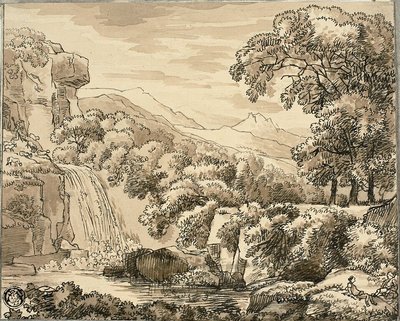 Berglandschaft mit Wasserfall und Figuren von Carl August Lebschee