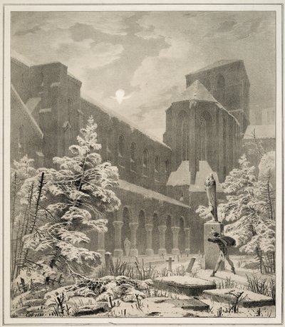 Kirche und Friedhof im Schnee bei Mondlicht von Carl Blechen