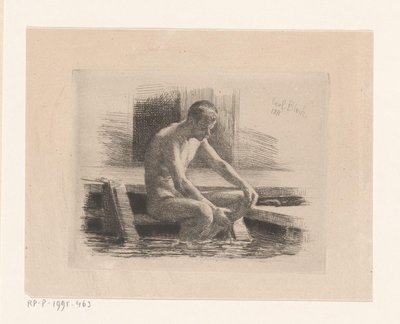 Nackter Mann, sitzend auf einer Treppe am Wasser von Carl Bloch