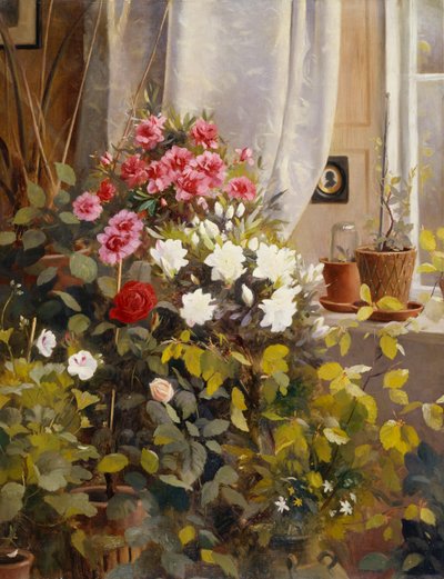 Azaleen, Geranien, Rosen und andere Topfpflanzen am Fenster von Carl Christian Carlsen