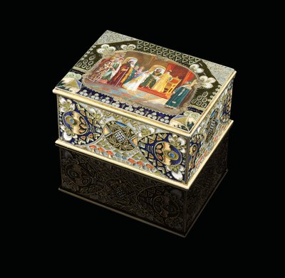 Eine Tischschatulle mit gemaltem Kartusche, die Zar Alexei Michailowitsch bei der Brautwahl darstellt, ca. 1908-1917 von Carl Fabergé