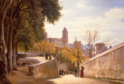 Blick auf Viale Trinità dei Monti mit dem Brunnen der Villa Medici, gesehen von der Via di San Sebastianello, Rom von Carl Frederick Aagaard