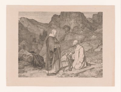 Zwei Mönche bei einem beschnittenen Baum in einer Berglandschaft von Carl Friedrich Lessing