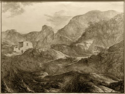 Gebirgslandschaft, links ein Haus mit einem Wanderer davor von Carl Friedrich von Rumohr