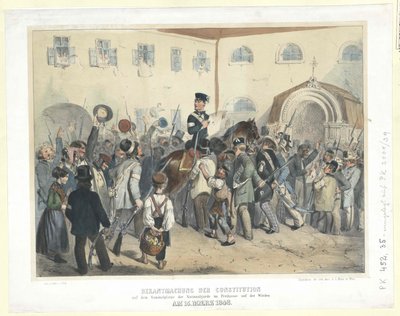 Proklamation der Verfassung auf dem Versammlungsplatz der Nationalgarde im Freihaus auf der Wieden am 15. März 1848 von Carl Goebel