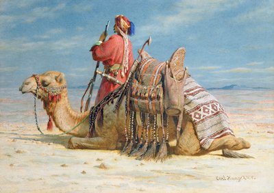 Ein Nomade und sein Kamel ruhen sich in der Wüste aus, 1874 von Carl Haag