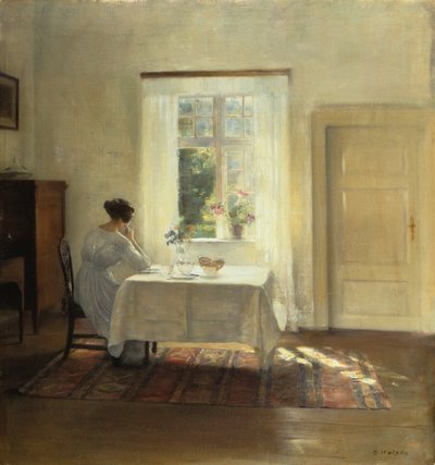 Eine Frau sitzt an einem Tisch am Fenster, ca. 1900 von Carl Holsoe