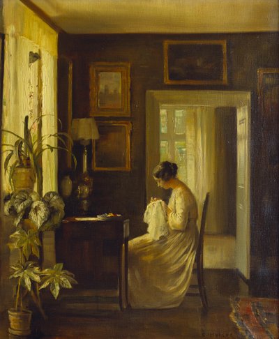 Ein Interieur mit einer Frau, die näht von Carl Holsoe