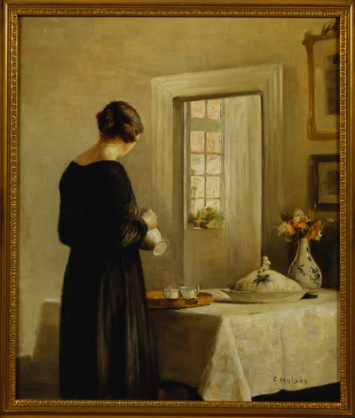 Ein Interieur mit einer Frau an einem Tisch von Carl Holsoe