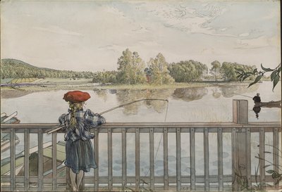Lisbeth beim Angeln. Aus Ein Zuhause (26 Aquarelle) von Carl Larsson