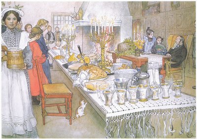 Am Heiligabend ist der riesige lange Tisch in der großen Halle absolut mit Essen bedeckt von Carl Larsson