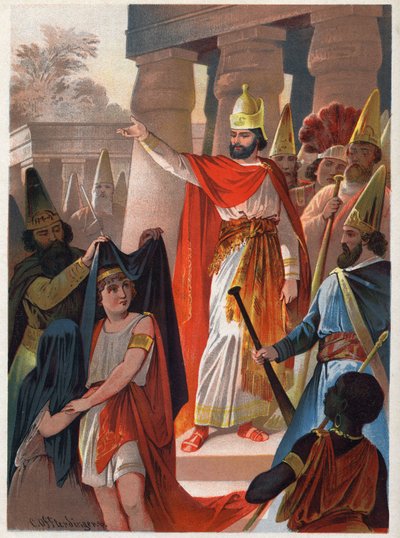 Auf ein Zeichen von Sarastro breitet ein Priester große schwarze Segel über Prinz Tamino und Prinzessin Pamina aus. Illustration von Carl Offterdinger in „Die Zauberflöte“. Private Sammlung. von Carl Offterdinger