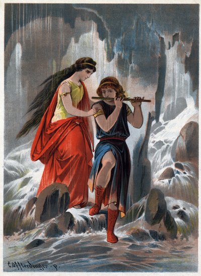 Prinz Tamino und Prinzessin Pamina überquerten die Wasserströme ohne Angst und der Prinz spielte weiter die Flöte. Illustration von Carl Offterdinger (1829-1889) in „Die Zauberflöte“. von Carl Offterdinger