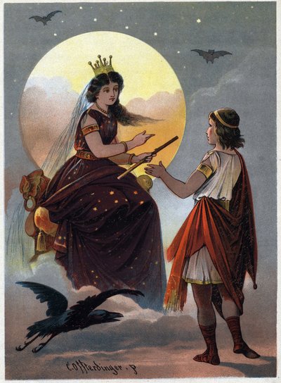Prinz Tamino vor der bezaubernden Königin der Nacht und bietet ihr ihre Tochter zur Heirat an, wenn er es schafft, sie aus den Händen des grausamen Sarastro zu befreien. Illustration von Carl Offterdinger (1829-1889) in „Die Zauberflöte“ von Carl Offterdinger