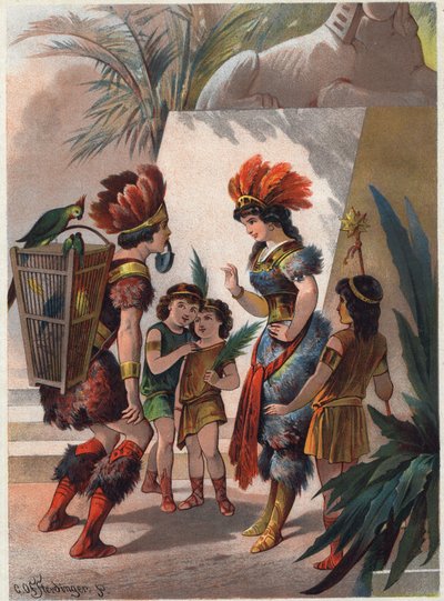 Der schwarze Jäger verschließt Papagenos Mund mit einem Schloss, um ihn für das Lügen zu bestrafen. Illustration von Carl Offterdinger in „Die Zauberflöte“. von Carl Offterdinger