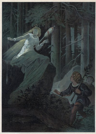 Die Fee, die mit einer goldenen Spindel weglief, sang das Schicksal eines goldenen Knopfes. Illustration von Carl Offterdinger in „Bouton d