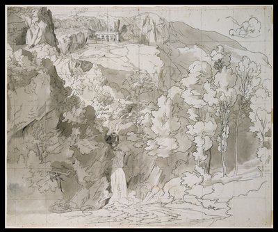 Landschaft bei Subiaco mit einem Wasserfall und dem Kloster San Benedetto von Carl Philipp Fohr