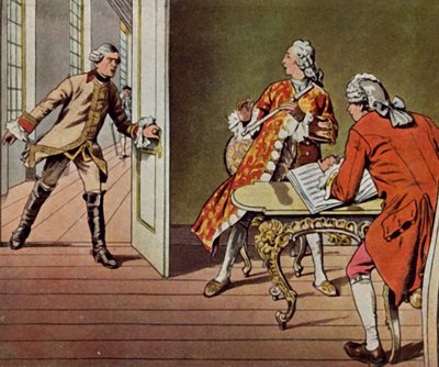Der Kronprinz und sein Musiklehrer Quantz werden von Friedrich Wilhelm I überrascht, während sie Flöte spielen von Carl Rochling