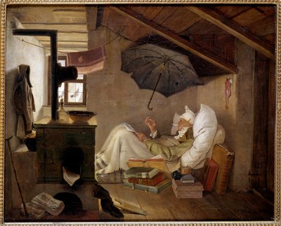 Der arme Poet. Ein alter Mann liegt in einem Dachboden. Gemälde von Carl Spitzweg (1808-1885) 1839 Berlin, Altes Museum, Deutschland von Carl Spitzweg