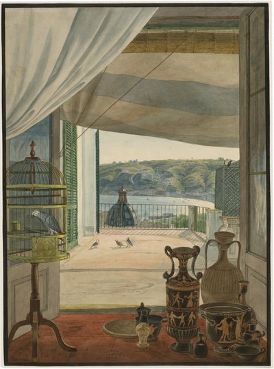 Antiquitäten an einem Balkon mit Blick auf den Golf von Neapel von Carl Wilhelm Götzloff