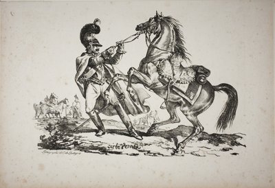 Kürassier zu Fuß, der sein steigendes Pferd zurückhält von Carle Vernet