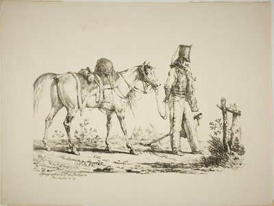 Husar geht vor seinem Pferd und raucht eine Pfeife von Carle Vernet