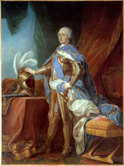 Ganzkörperporträt von Ludwig XV. in Rüstung, Hand auf einem Helm von Carle van Loo