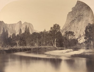 Flussansicht, Talabwärts, Cathedral Rock links, 1861, Yosemite von Carleton Emmons Watkins