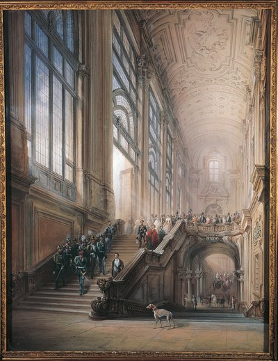 König Viktor Emanuel II., Cavour, Minister und der Hof gehen die Treppe im Senat in Turin hinunter nach der Eröffnungsrede im Subalpinen Parlament von Carlo Bossoli