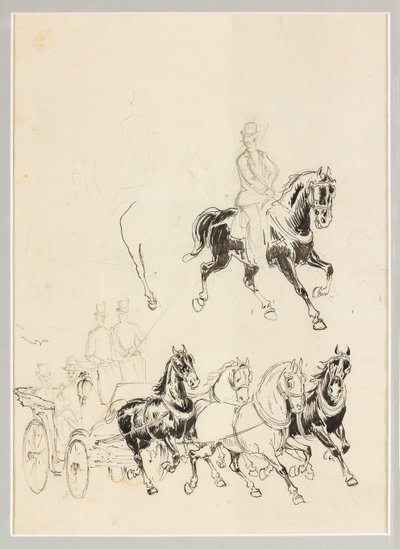 Vorbereitende Studie für Kutsche und Pferde (Tusche und Bleistiftzeichnung auf Papier) von Carlo Casaltoli