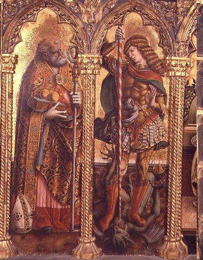St. Nikolaus und St. Michael, Detail aus dem San Martino Polyptychon von Carlo Crivelli