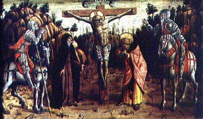 Die Kreuzigung, linkes zentrales Predella-Panel aus dem San Silvestro Polyptychon von Carlo Crivelli