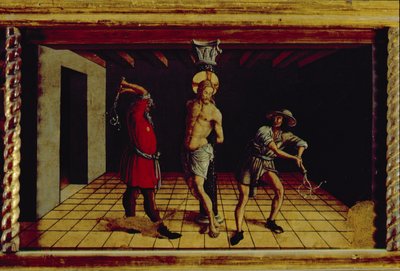 Die Geißelung Christi, zentrale rechte Predella-Tafel aus dem San Silvestro Polyptychon, 1468 von Carlo Crivelli