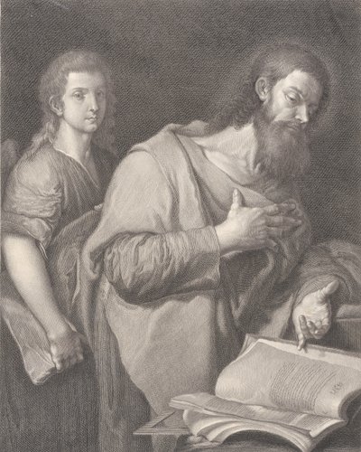 Heiliger Matthäus, steht vor einem Buch rechts mit einer Hand auf seiner Brust, ein anderer Mann..., 1750-84 von Carlo Faucci