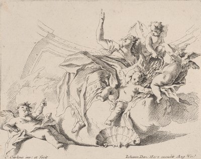 Reichtum, dargestellt durch eine Frau, die auf Wolken sitzt und von Putti umgeben ist, von denen einer..., 1725-75 von Carlo Innocenzo Carloni