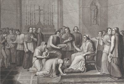Eine Frau kniet, um den Fuß von Papst Pius VII. zu küssen, mit einer Menge hinter ihr links, 1814-50 von Carlo Lasinio