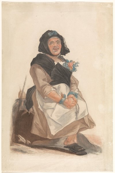 Als Frau verkleideter Mann mit Rosenkranz, sitzend (Ritratti di persone facette che servono a divertire il pubblico fiorentino) von Carlo Lasinio