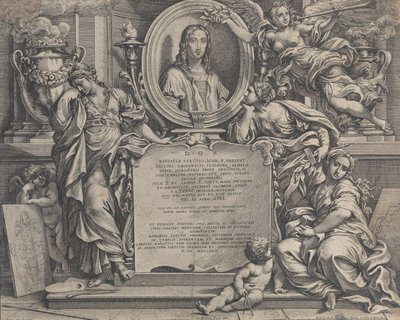Frontispiz mit ovalem Porträt von Raphael, mit drei allegorischen Figuren der Künste, 1675 von Carlo Maratti