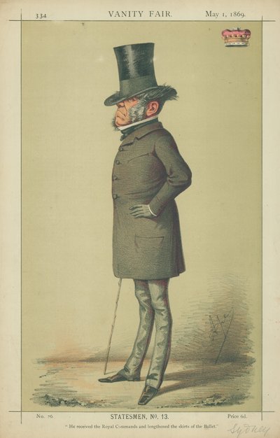 Viscount Sydney, Er erhielt die königlichen Befehle und verlängerte die Röcke des Balletts, 1. Mai 1869, Vanity Fair Karikatur von Carlo Pellegrini