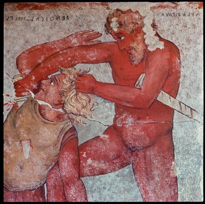 Etruskische Zivilisation: „Darstellung des Opfers von trojanischen Gefangenen zu Ehren von Patroklos“ Reproduktion von Carlo Ruspi der Fresken des 4. Jahrhunderts v. Chr. aus dem François-Grab von Vulci. Florenz, Archäologisches Museum von Carlo Ruspi
