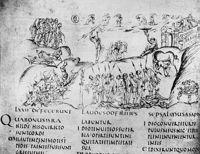Illustration verschiedener Szenen aus einem der Psalmen, aus dem Utrechter Psalter, Kopie des Originals aus Reims, jetzt in der Universitätsbibliothek Utrecht von Carolingian School
